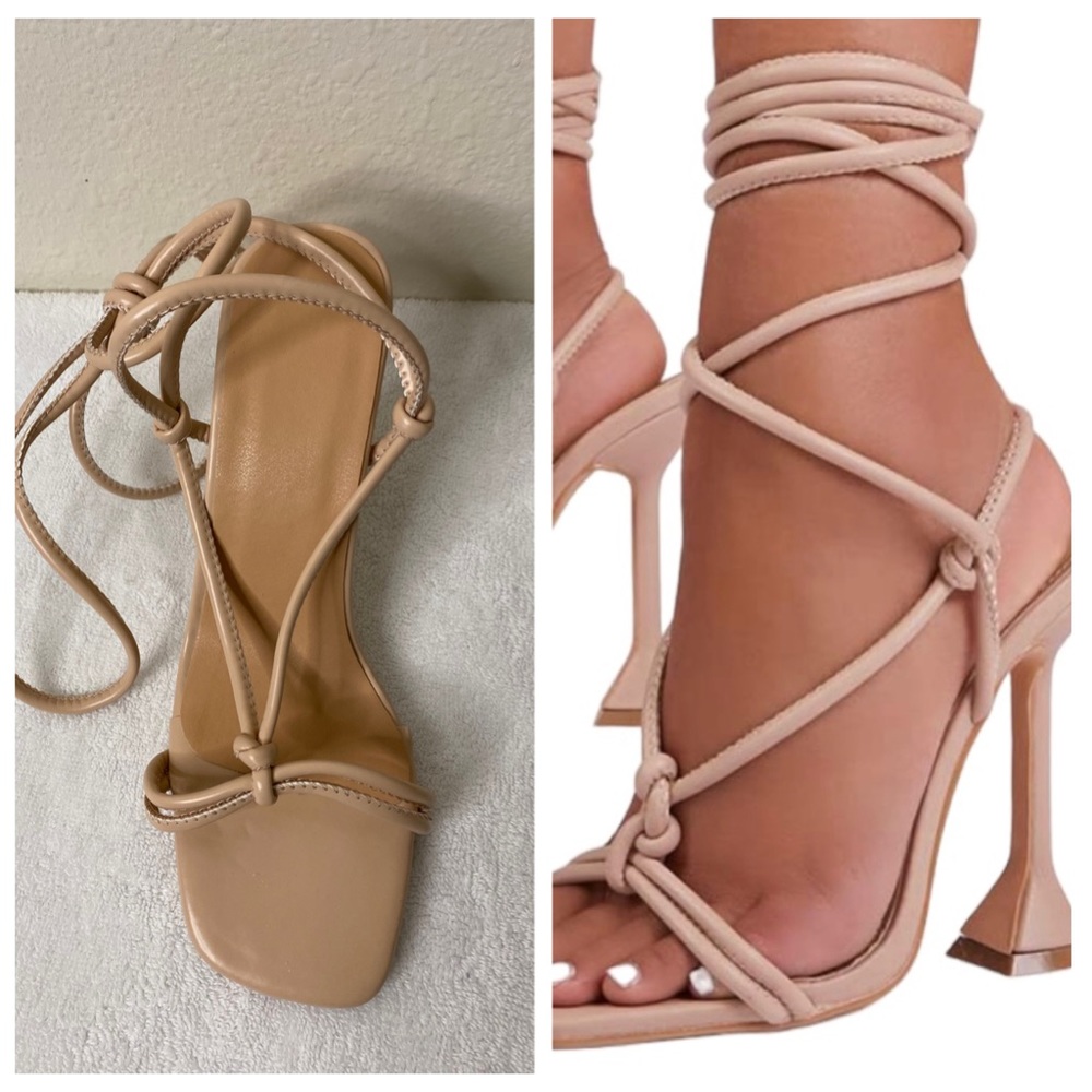 Women’s Strappy Lace Up/Spool Heel / Open Toe/ Sandle/ Beige Size 8.5